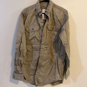 Carhartt men’s flame resistant tan beige button up shirt size small